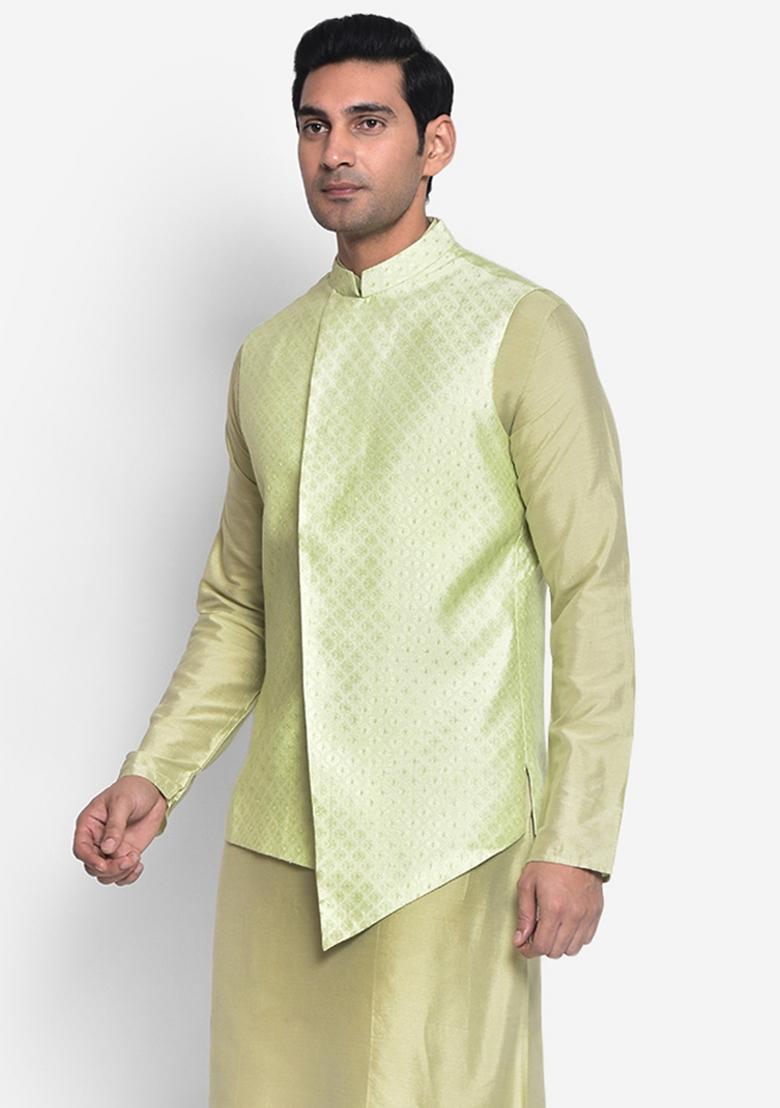 Green Woven Design Silk Blend Nehru Jacket For Men