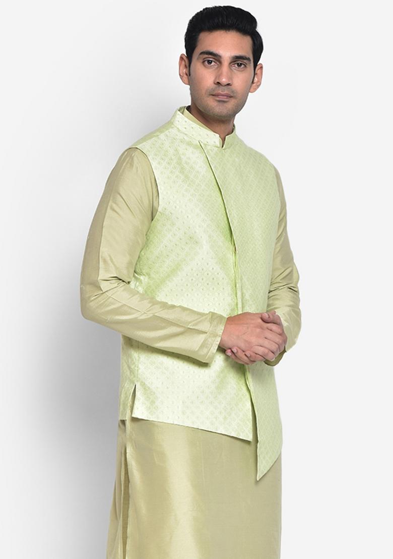 Green Woven Design Silk Blend Nehru Jacket For Men
