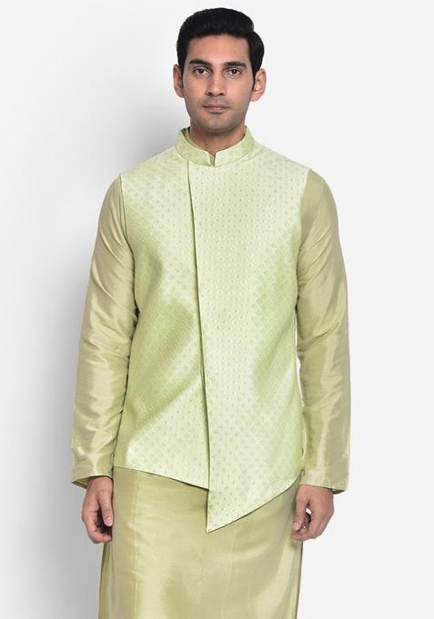 Green Woven Design Silk Blend Nehru Jacket For Men