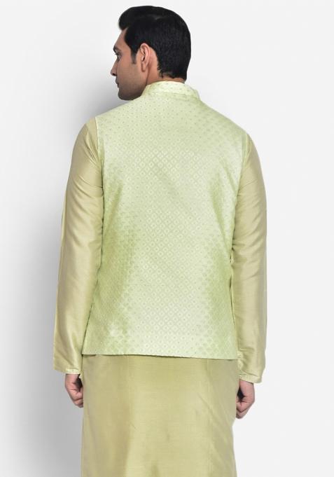 Green Woven Design Silk Blend Nehru Jacket For Men