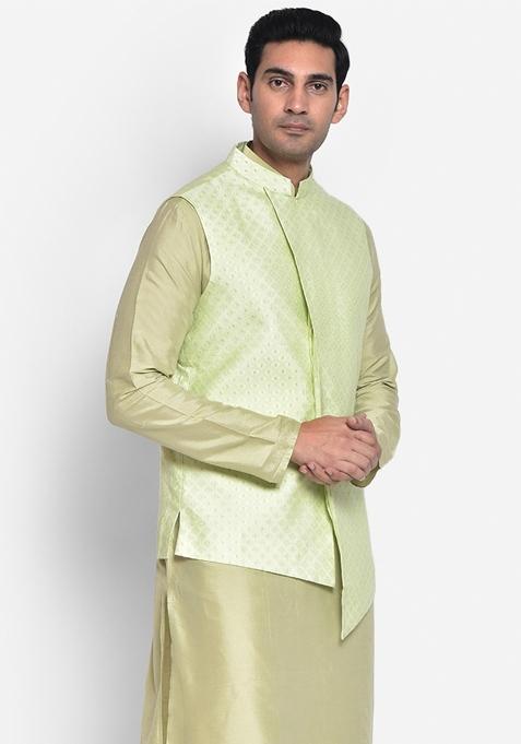 Green Woven Design Silk Blend Nehru Jacket For Men