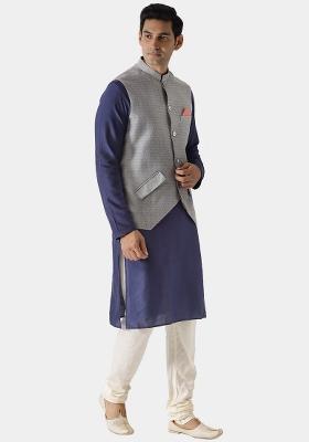 Grey Printed Cotton Blend Nehru Jacket For Men