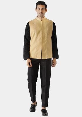 Yellow Striped Cotton Blend Nehru Jacket For Men