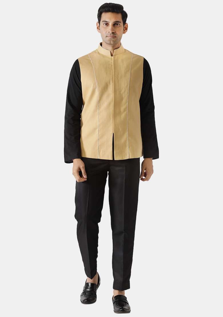 Yellow Striped Cotton Blend Nehru Jacket For Men - Indya