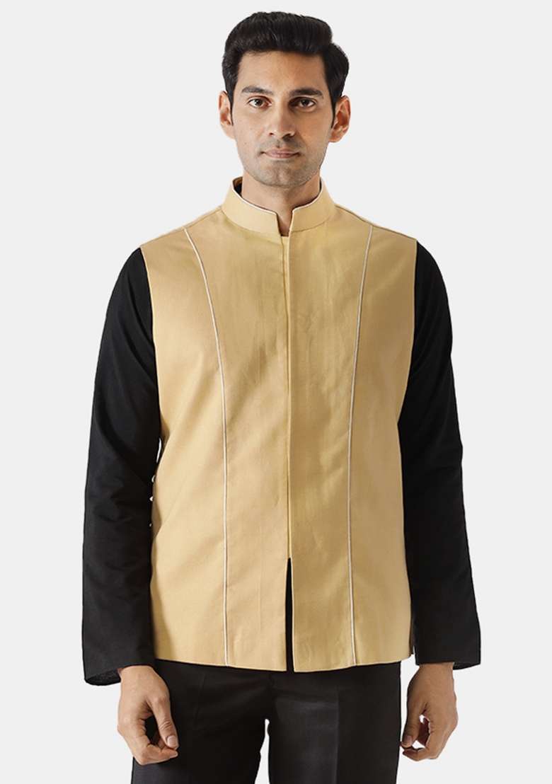 Yellow Striped Cotton Blend Nehru Jacket For Men - Indya