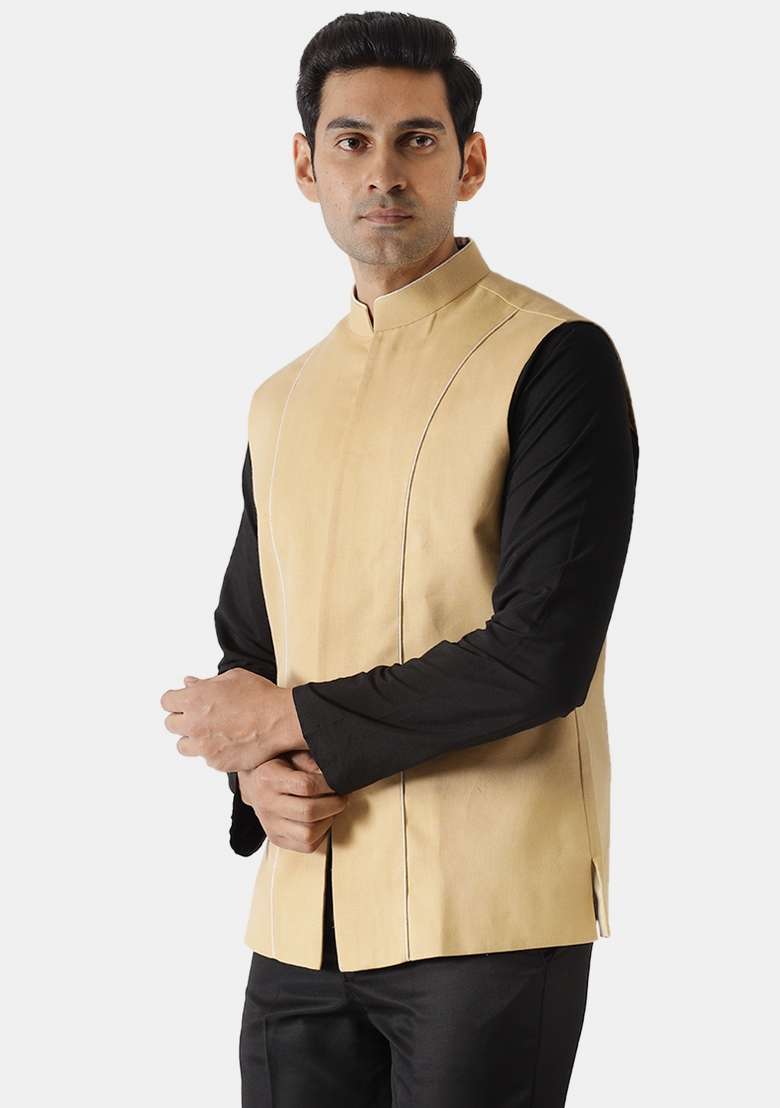 Yellow Striped Cotton Blend Nehru Jacket For Men - Indya