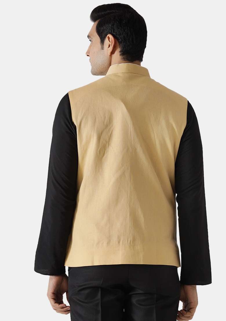 Yellow Striped Cotton Blend Nehru Jacket For Men - Indya