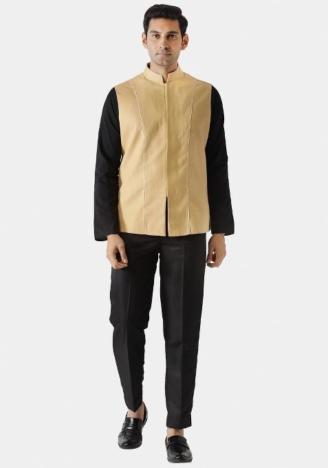 Yellow Striped Cotton Blend Nehru Jacket For Men — view on Indya