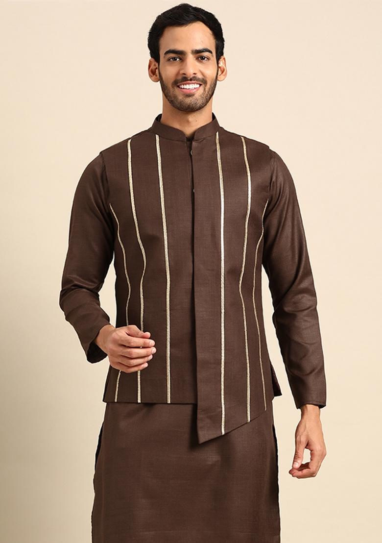 Brown Embroidered Cotton Blend Nehru Jacket For Men