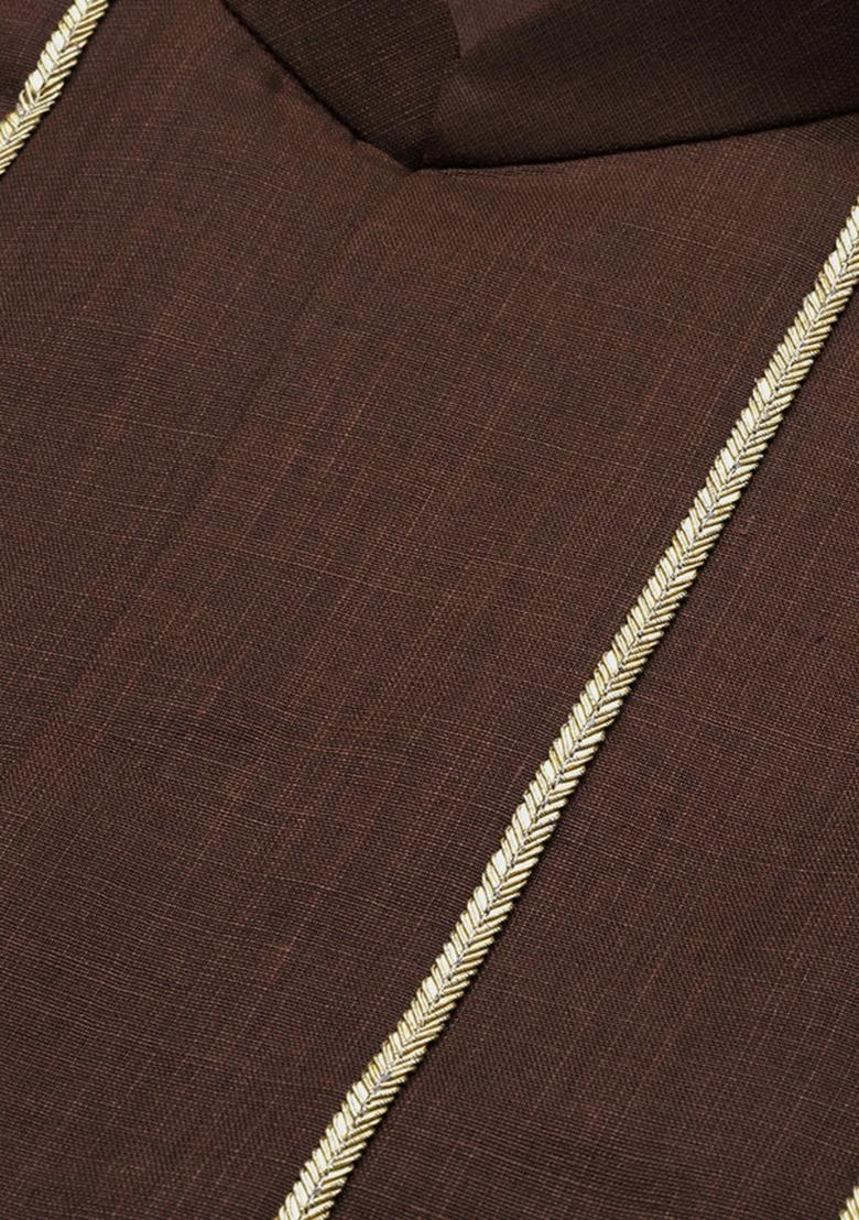 Brown Embroidered Cotton Blend Nehru Jacket For Men