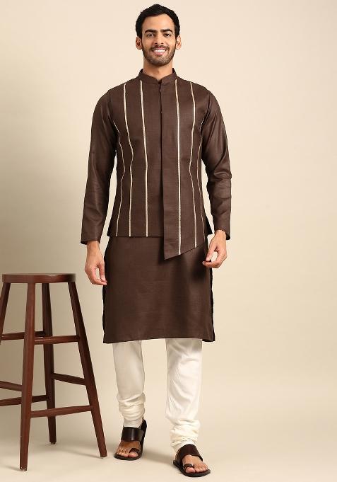 Brown Embroidered Cotton Blend Nehru Jacket For Men