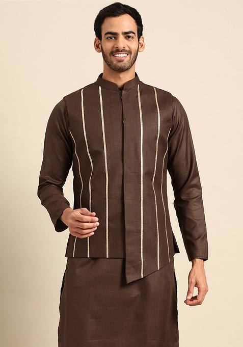 Brown Embroidered Cotton Blend Nehru Jacket For Men