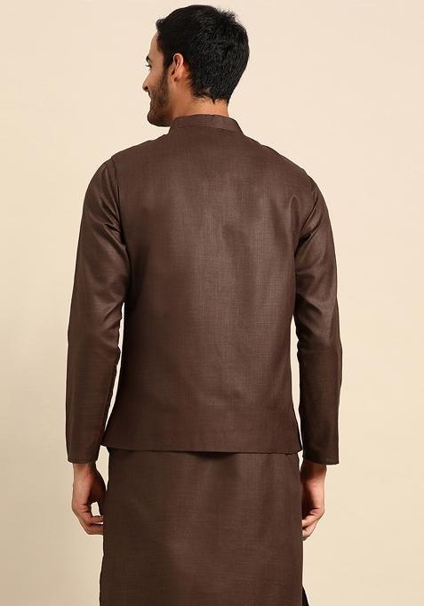 Brown Embroidered Cotton Blend Nehru Jacket For Men