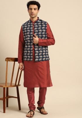 Blue Printed Cotton Blend Nehru Jacket For Men