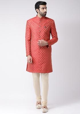 Red Woven Design Cotton Blend Indo Western Sherwani Set For Men