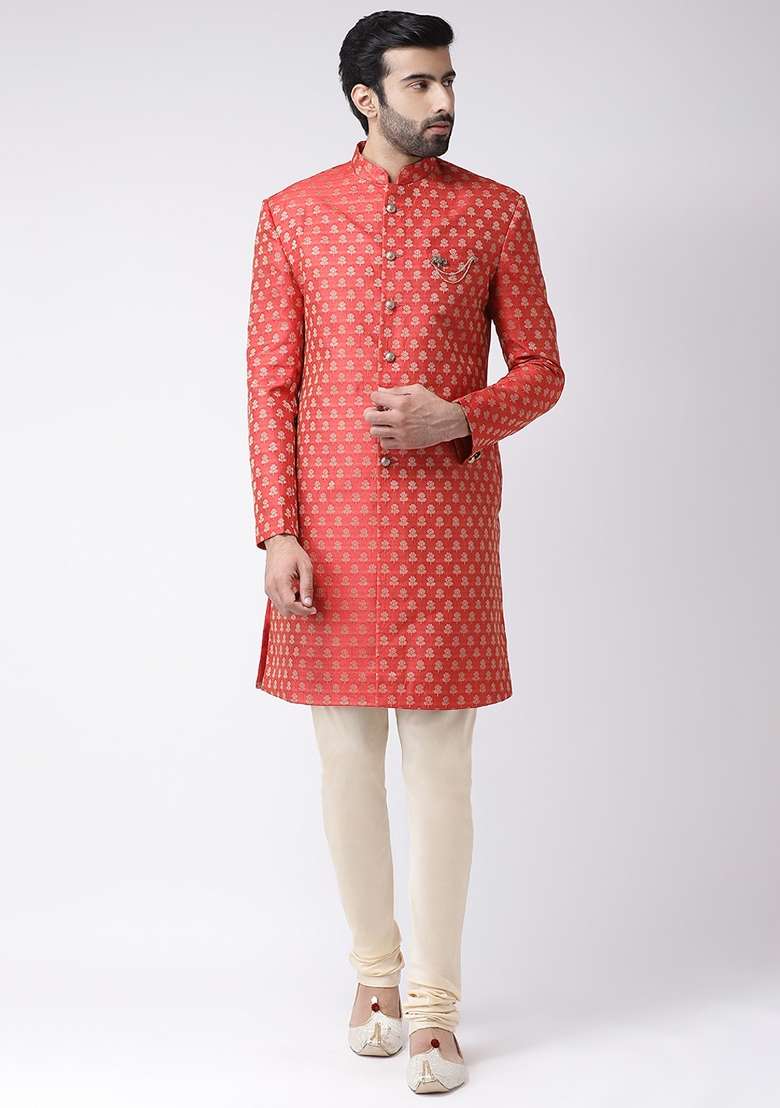 Red Woven Design Cotton Blend Indo Western Sherwani Set For Men - Indya