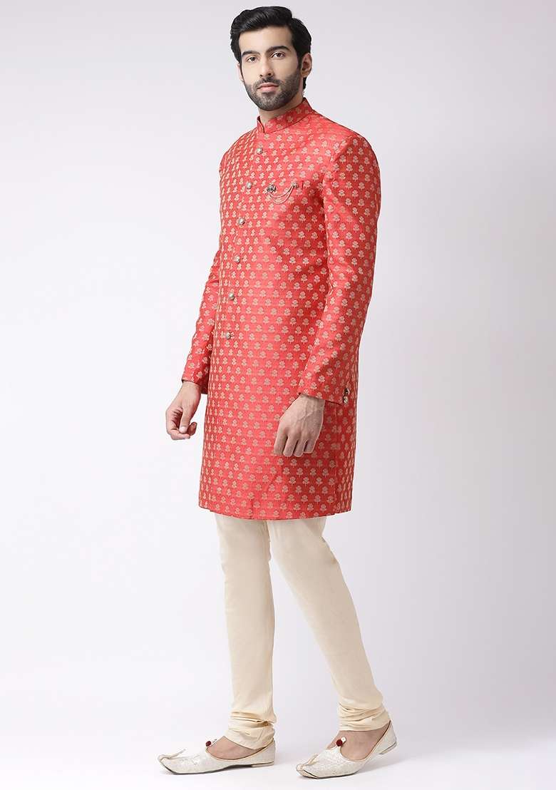 Red Woven Design Cotton Blend Indo Western Sherwani Set For Men - Indya