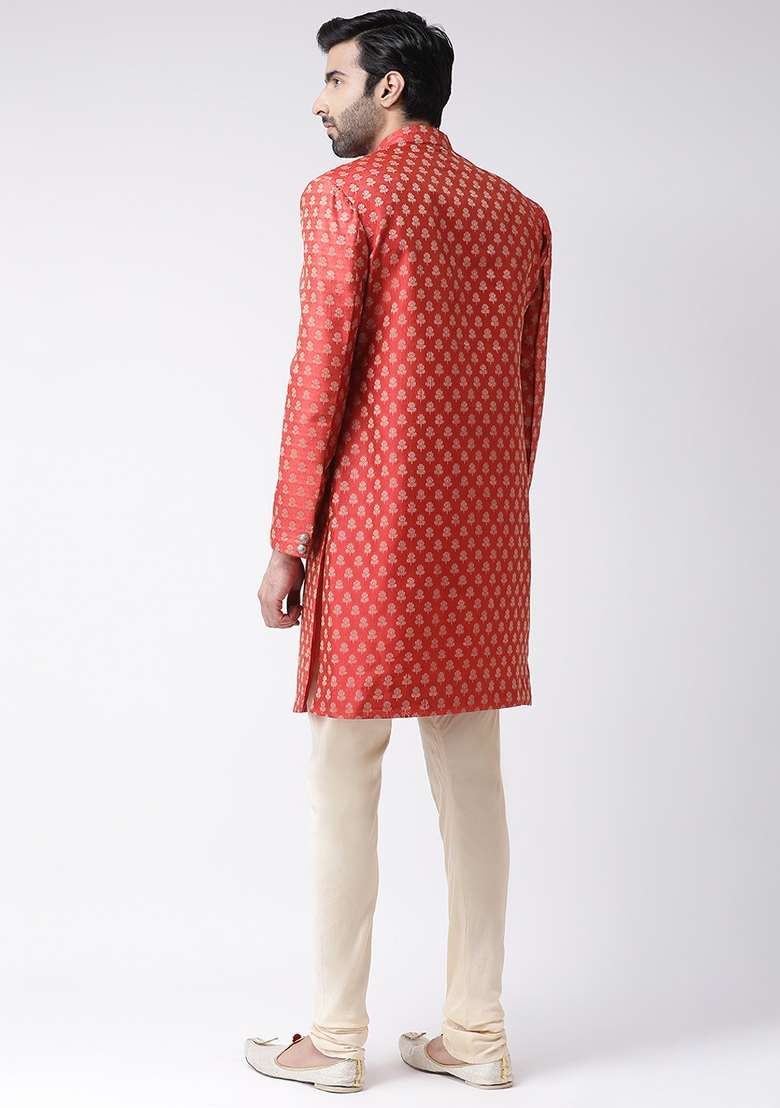 Red Woven Design Cotton Blend Indo Western Sherwani Set For Men - Indya