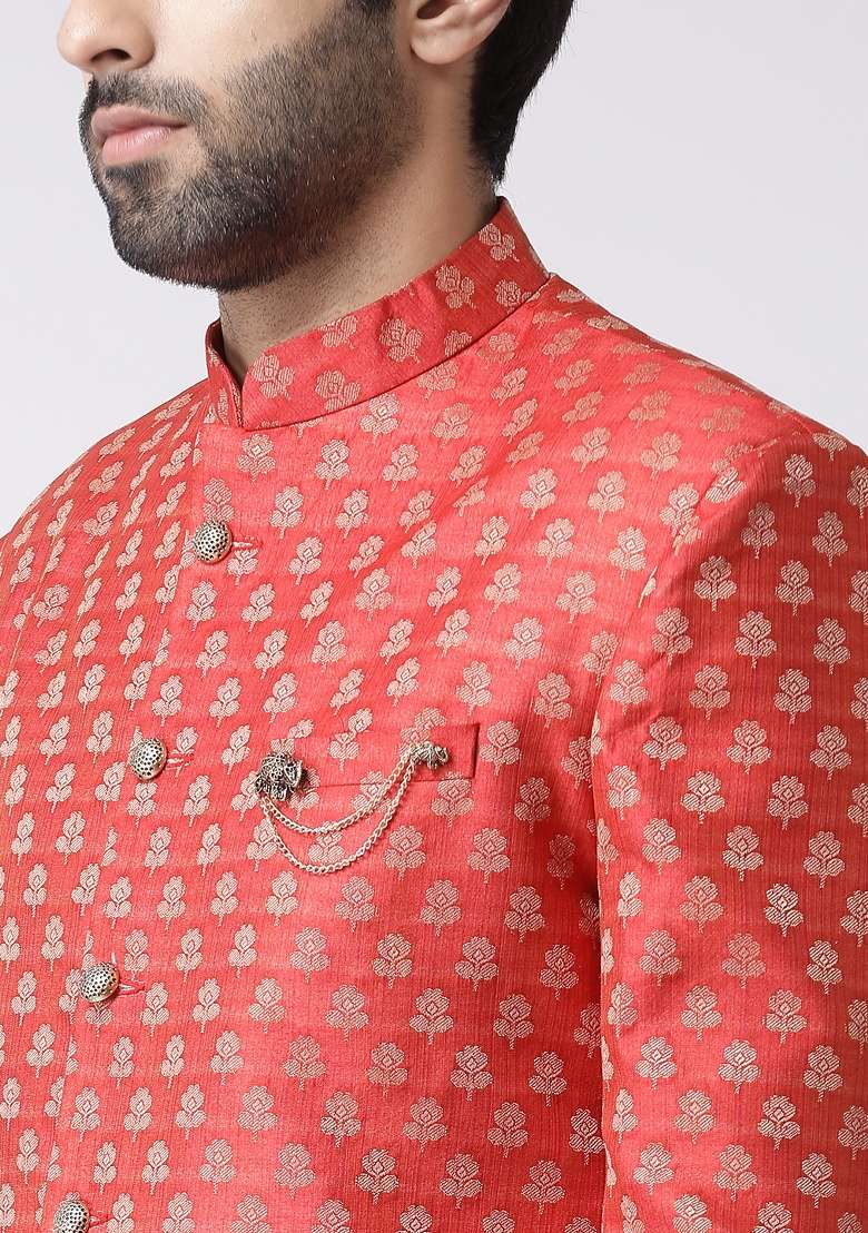 Red Woven Design Cotton Blend Indo Western Sherwani Set For Men - Indya