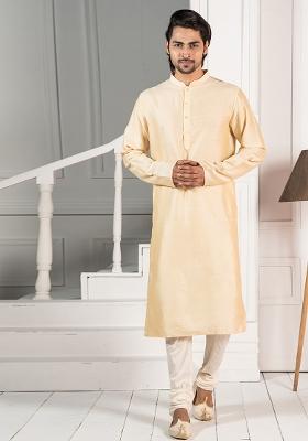 Yellow Solid Cotton Blend Kurta Set For Men