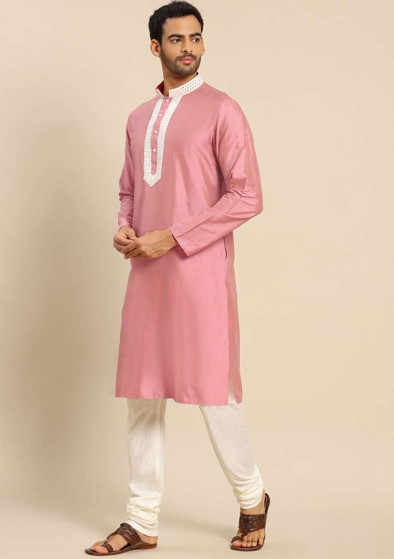 Pink Solid Cotton Blend Kurta Set For Men - Indya