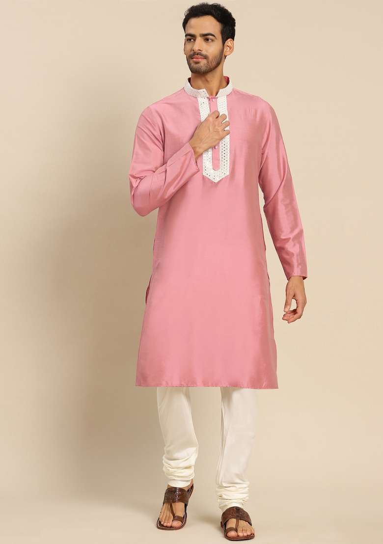 Pink Solid Cotton Blend Kurta Set For Men - Indya