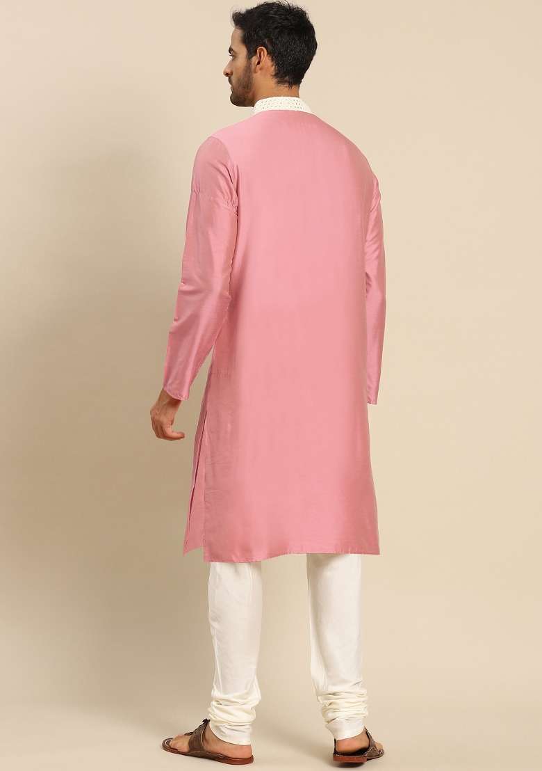 Pink Solid Cotton Blend Kurta Set For Men - Indya