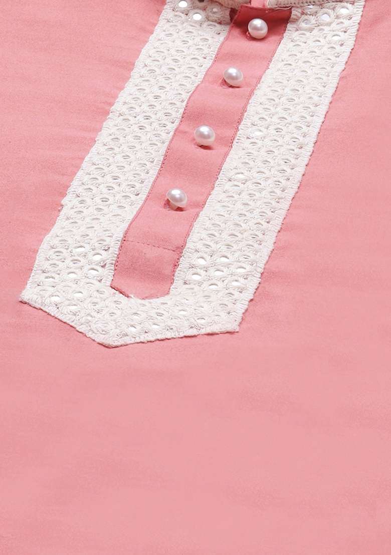 Pink Solid Cotton Blend Kurta Set For Men - Indya