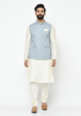 Blue Printed Cotton Blend Nehru Jacket Set For Men