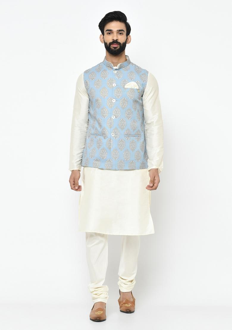 Blue Printed Cotton Blend Nehru Jacket Set For Men