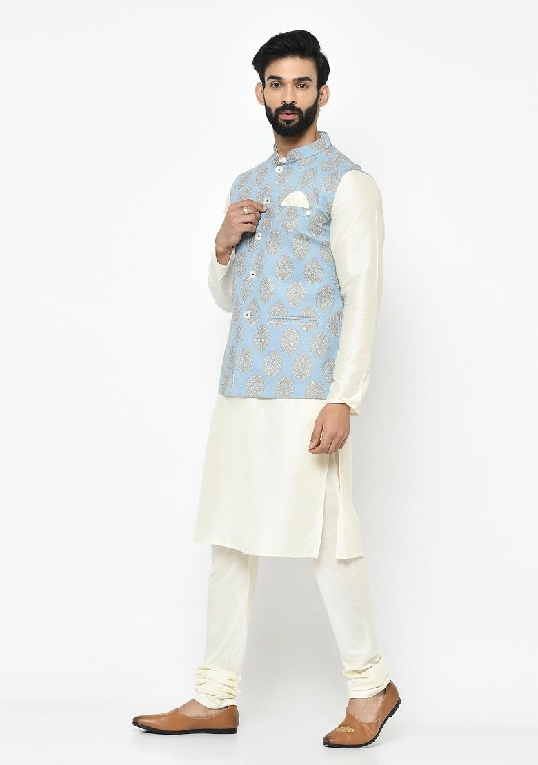 Blue Printed Cotton Blend Nehru Jacket Set For Men