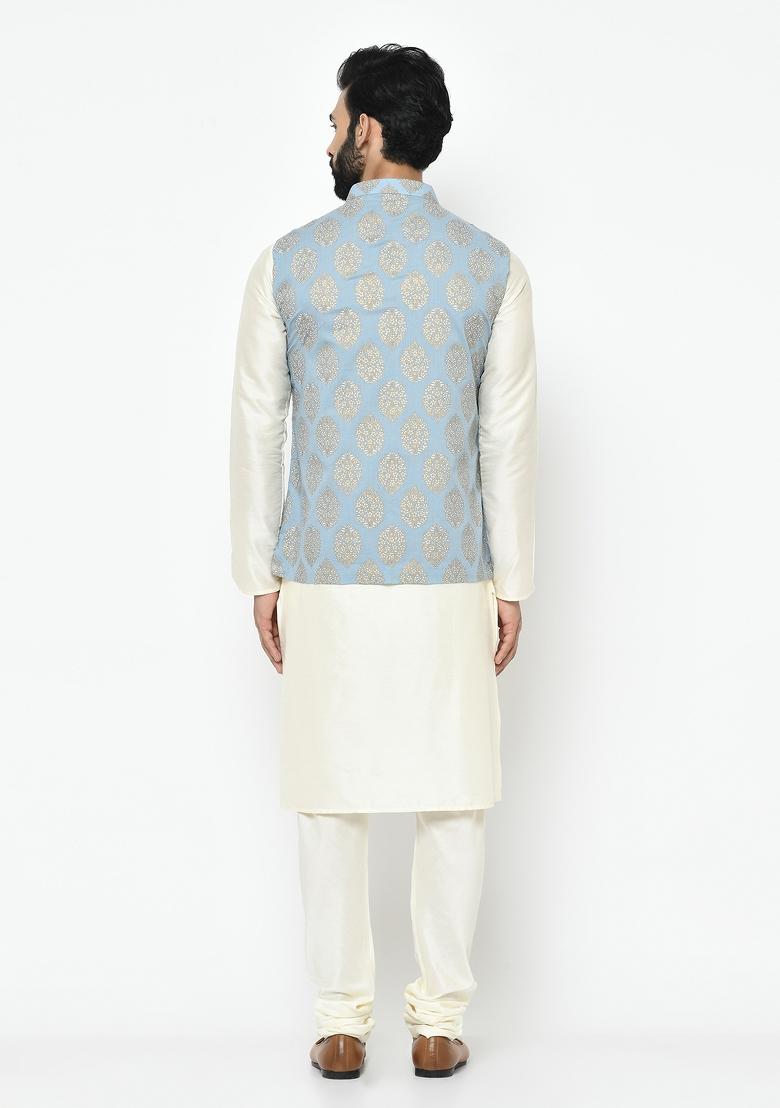 Blue Printed Cotton Blend Nehru Jacket Set For Men