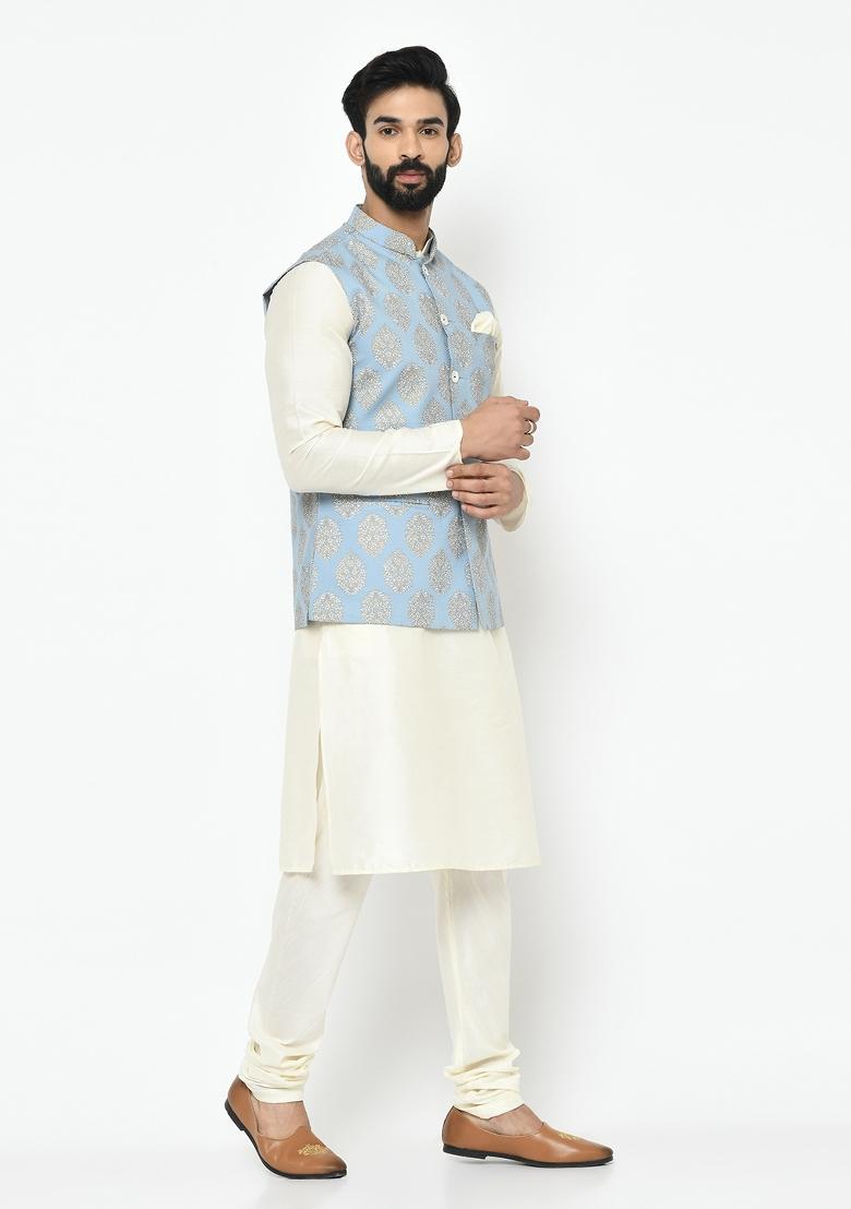 Blue Printed Cotton Blend Nehru Jacket Set For Men