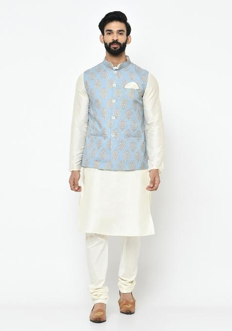 Blue Printed Cotton Blend Nehru Jacket Set For Men