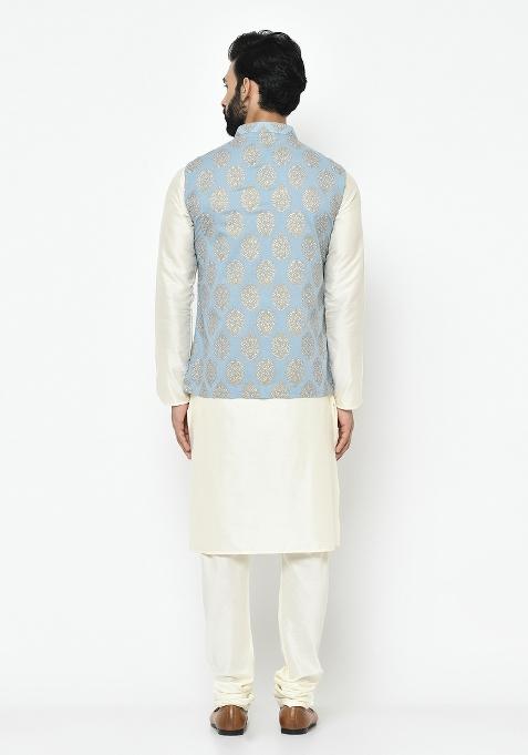 Blue Printed Cotton Blend Nehru Jacket Set For Men