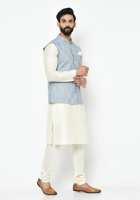 Blue Printed Cotton Blend Nehru Jacket Set For Men