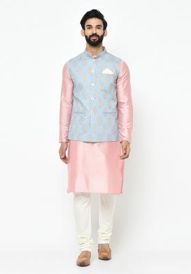 Blue Printed Cotton Blend Nehru Jacket Set For Men