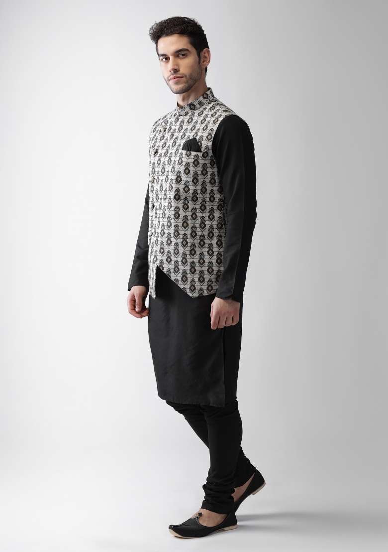 Grey Printed Cotton Blend Nehru Jacket Set For Men - Indya