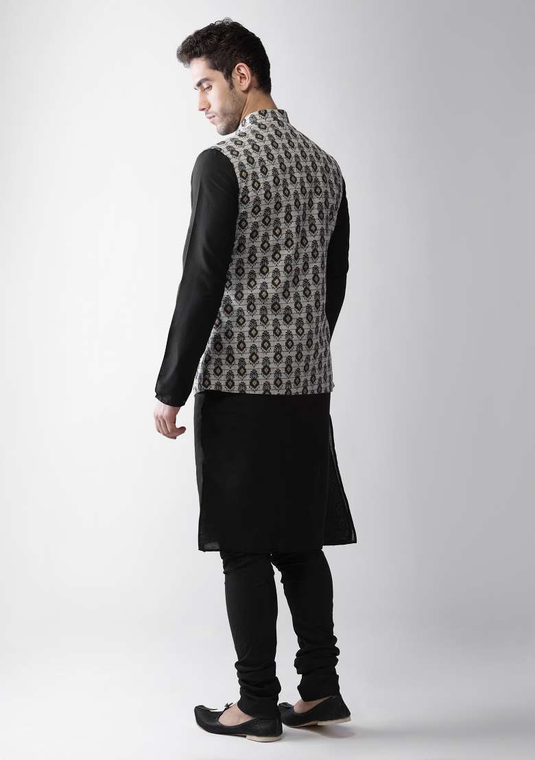 Grey Printed Cotton Blend Nehru Jacket Set For Men - Indya