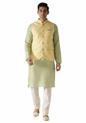 Yellow Solid Cotton Blend Nehru Jacket Set For Men