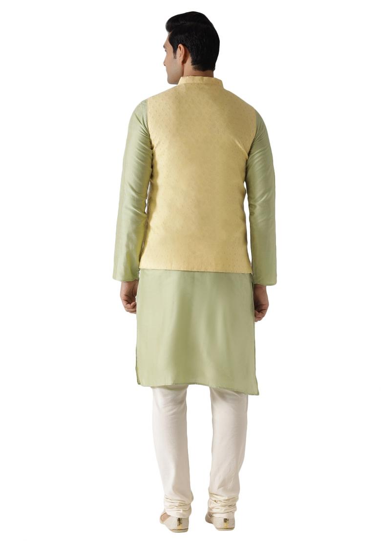 Yellow Solid Cotton Blend Nehru Jacket Set For Men