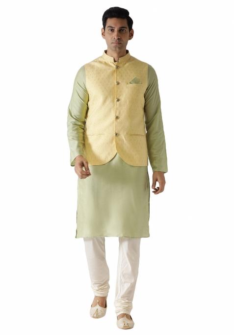 Yellow Solid Cotton Blend Nehru Jacket Set For Men