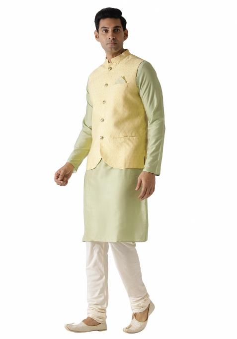 Yellow Solid Cotton Blend Nehru Jacket Set For Men