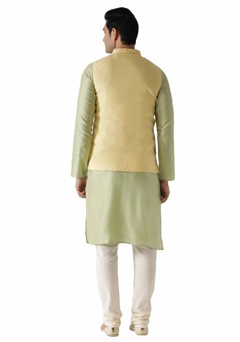 Yellow Solid Cotton Blend Nehru Jacket Set For Men