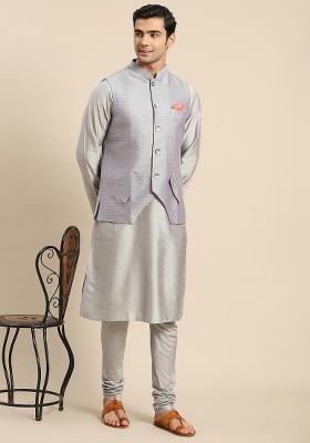 Grey Printed Cotton Blend Nehru Jacket Set For Men
