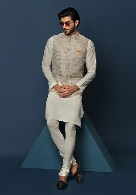 Multicolor Jacquard Silk Blend Nehru Jacket Set For Men