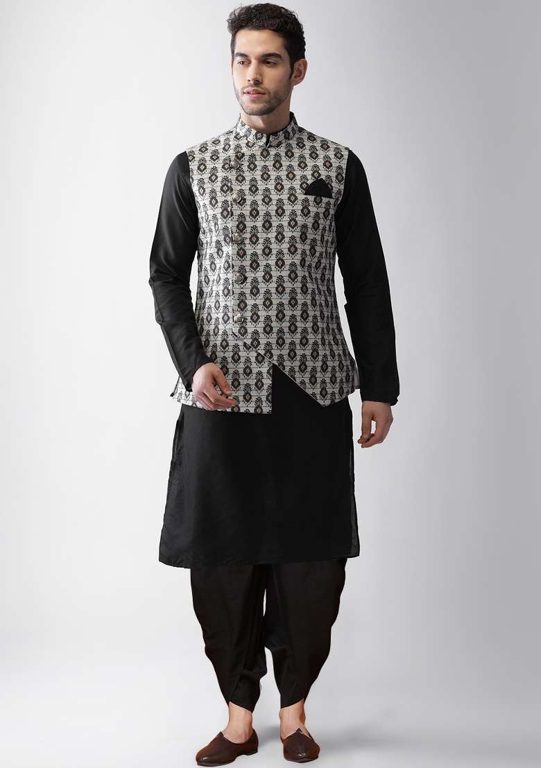 Grey Printed Cotton Blend Nehru Jacket Set For Men - Indya