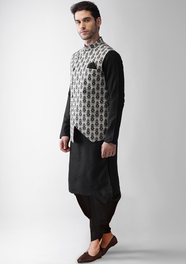 Grey Printed Cotton Blend Nehru Jacket Set For Men