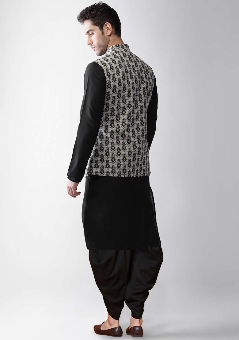 Grey Printed Cotton Blend Nehru Jacket Set For Men - Indya