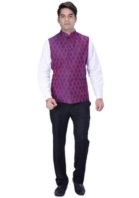 Purple Woven Design Art Silk Nehru Jacket For Men